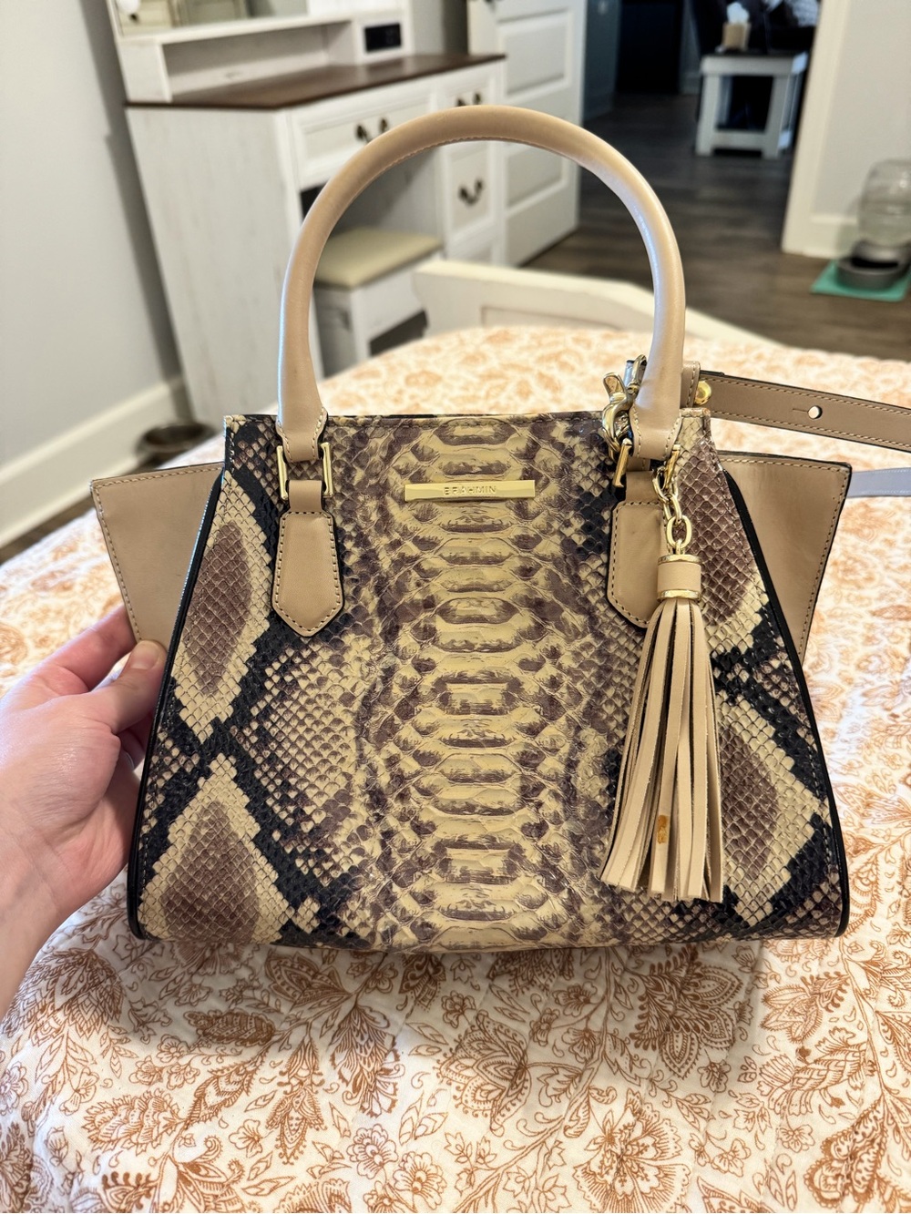 Brahmin Taupe and Beige Python-Print Satchel with Tassel - Picture 1 of 5